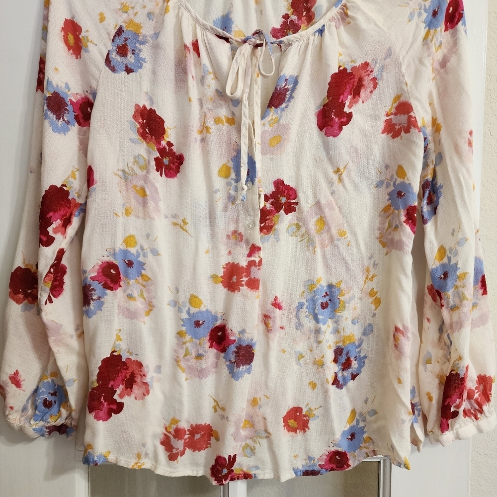 Lucky Brand Floral Blouse Medium Ivory Tie Front Long Sleeve Boho - Picture 6 of 14
